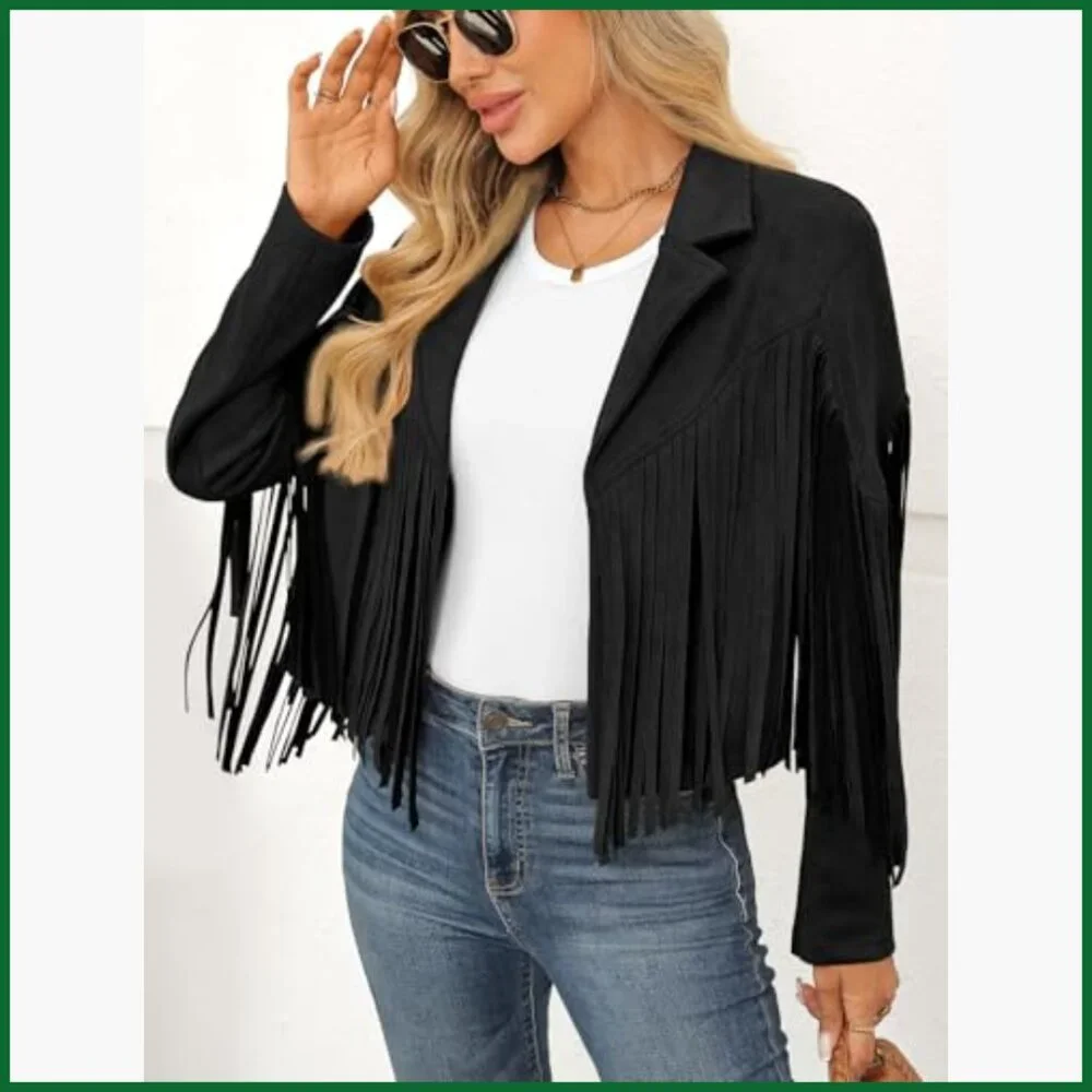 Faux Suede Leather Cropped Fringe Jacket Western Biker Style - Picture 3 of 6